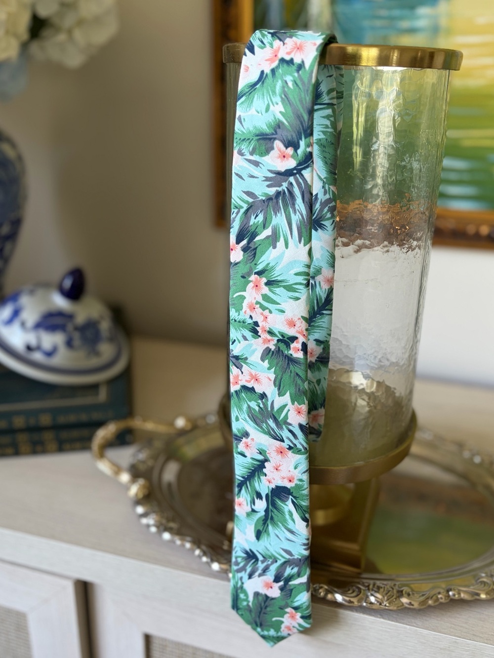 Tropical Palm Leaf Tie in Green and Pink